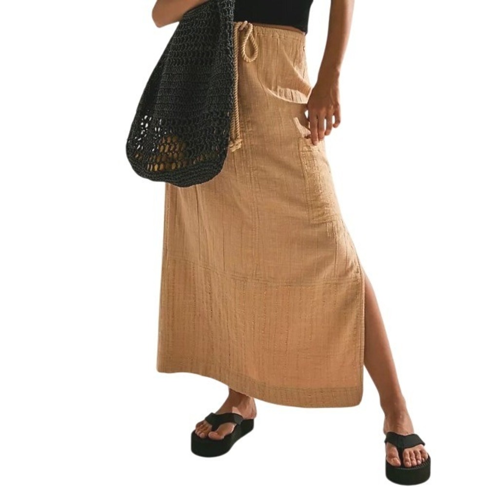Free People In The Spotlight Midi Skirt Women M Tan Textured Boho Coastal Beachy